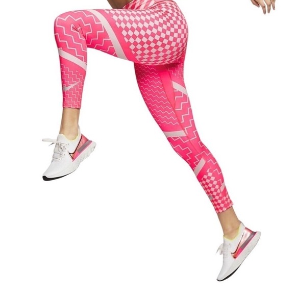 Nike Pants - Nike Epic Lux Running Pink Grey Geometric Chevron Checkered Ankle Zip Tights S